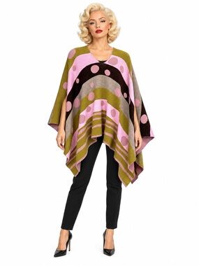 amoroso Merino Wool V-Neck Poncho/Sweater | Brown/Pink/Olive | OS